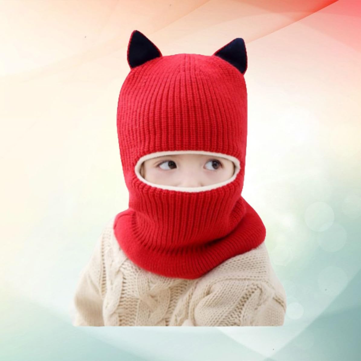 Winter Knit Face Mask Hat Red Windproof with Scarf, Warm