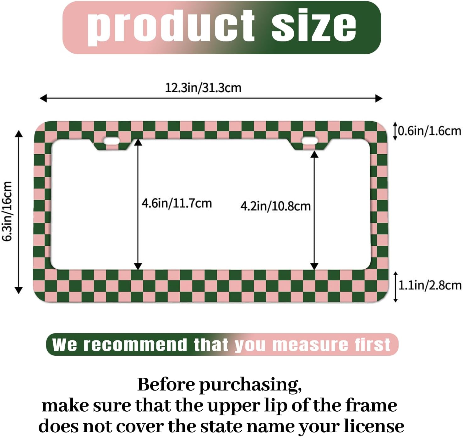 Pink and Green Checkerboard License Plate Frame Green Checkered License Plate Holder for Car Accessories for Car Decor Fits Standard Us Vehicles Size 12 x 6 Inches - Image 3