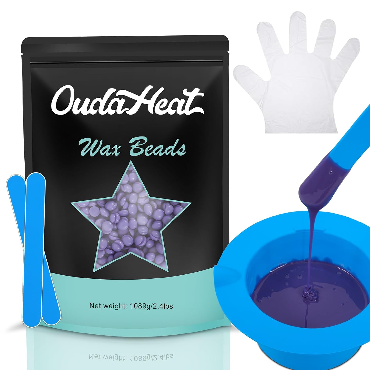 2.4 lb Hard Wax Beads Bulk, Professional Rosin-Free Brazilian Waxing Bead, Hypoallergenic Hair Removal Wax Bead for Sensitive Skin, Body, Bikini, Legs, Wax Beans Refill, 1 Silicone Pot and 5 Sticks