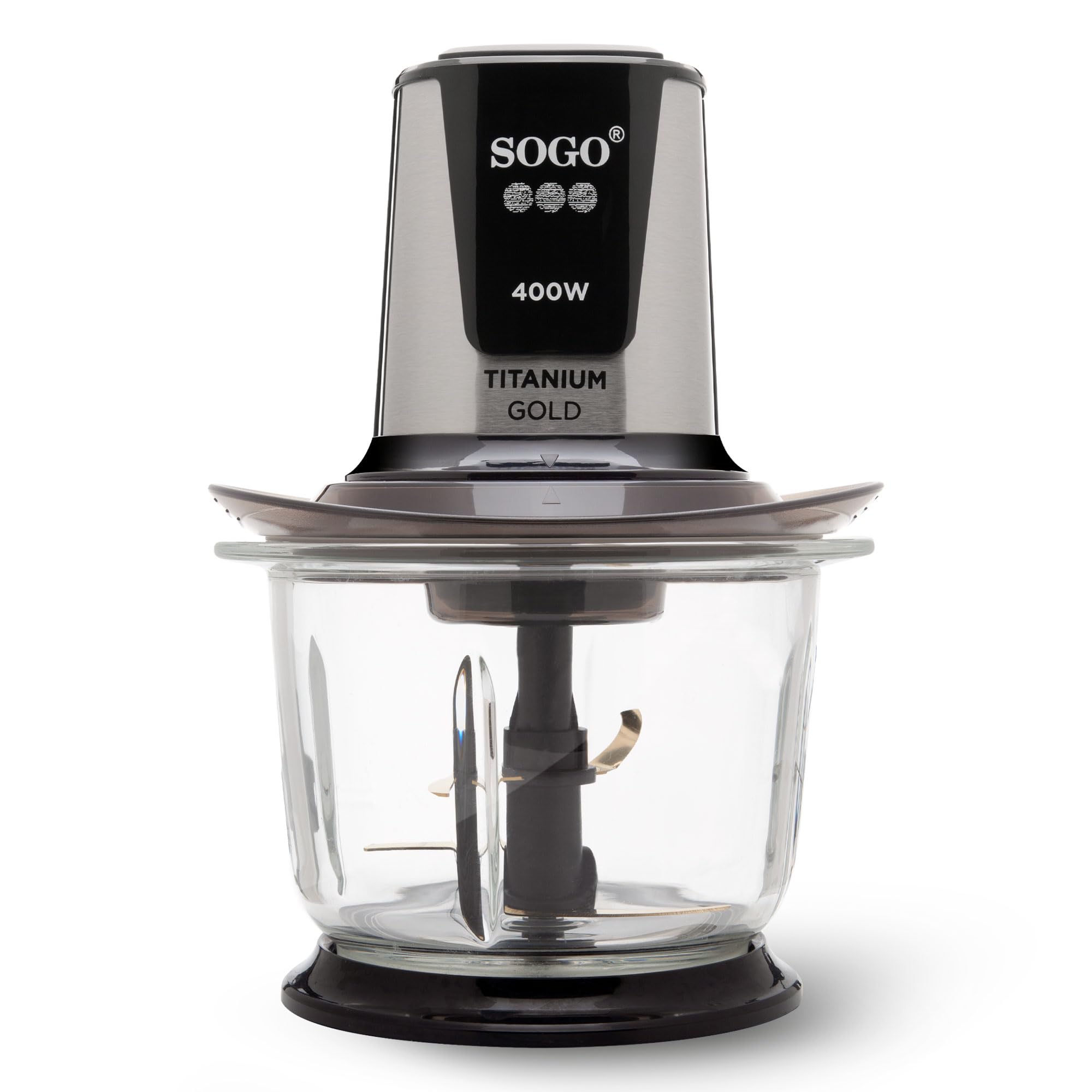 SOGO Picadora de Alimentos 400W con Bol de Vidrio 1.5L - Procesador de Comida con Cuchillas Acero Inoxidable - Tritura Carne, Verduras y Hielo - Mini Picadora Eléctrica con Bloqueo de Seguridad