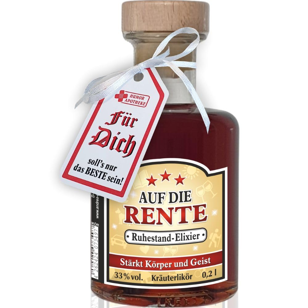 Edler Kräuterlikör aus dem Harz - Ruhestand Elixier - 0,2 L 33% vol. Apothekerflasche 13 cm Holzgriffkorken für echte Männer Männergeschenk