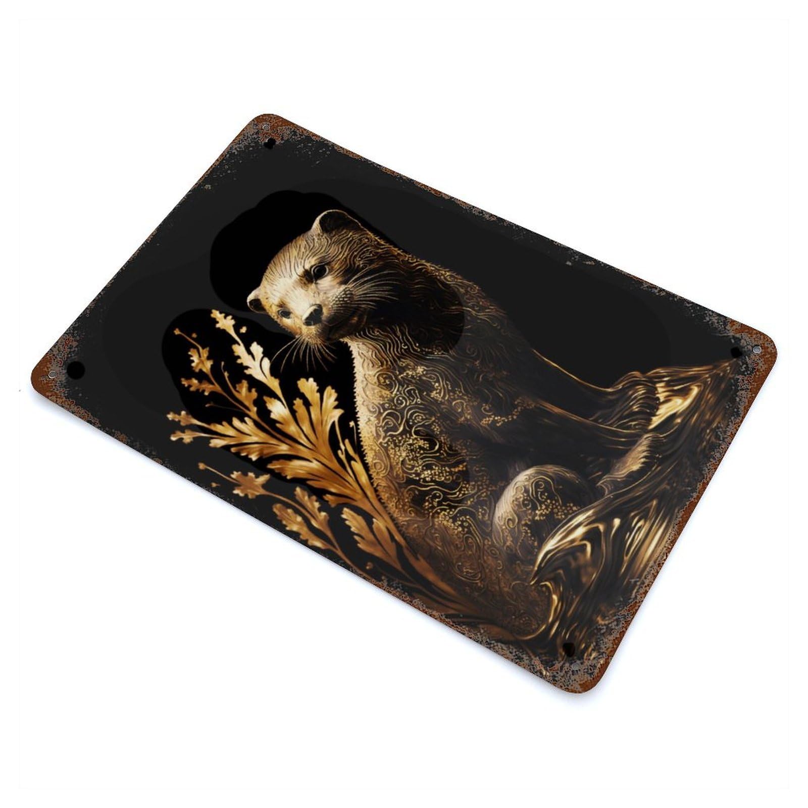 Black And Gold Otter Rust Effect Tin Sign 11.8"x7.9", Ideal for Farmhouse, Kitchen And Entryway Decor
