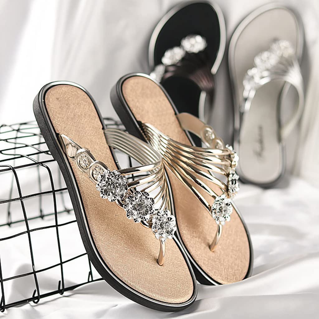 ZBYY Women's Bohemian Flip Flops - Rhinestone Embellished, Open Toe Casual Sandals, Gold Color - View #8