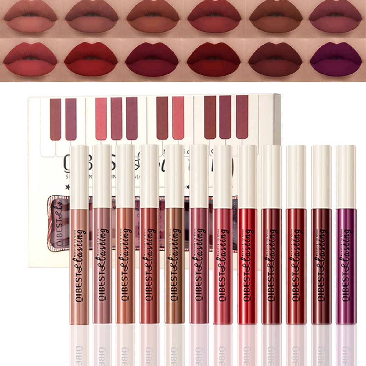 12 Colors Matte Liquid Lipstick Set Velvety Lip Gloss Lip Kit Waterproof Long Lasting Wear Durable Nude Lip Gloss Beauty Cosmetics Gift Box Set (Set A)