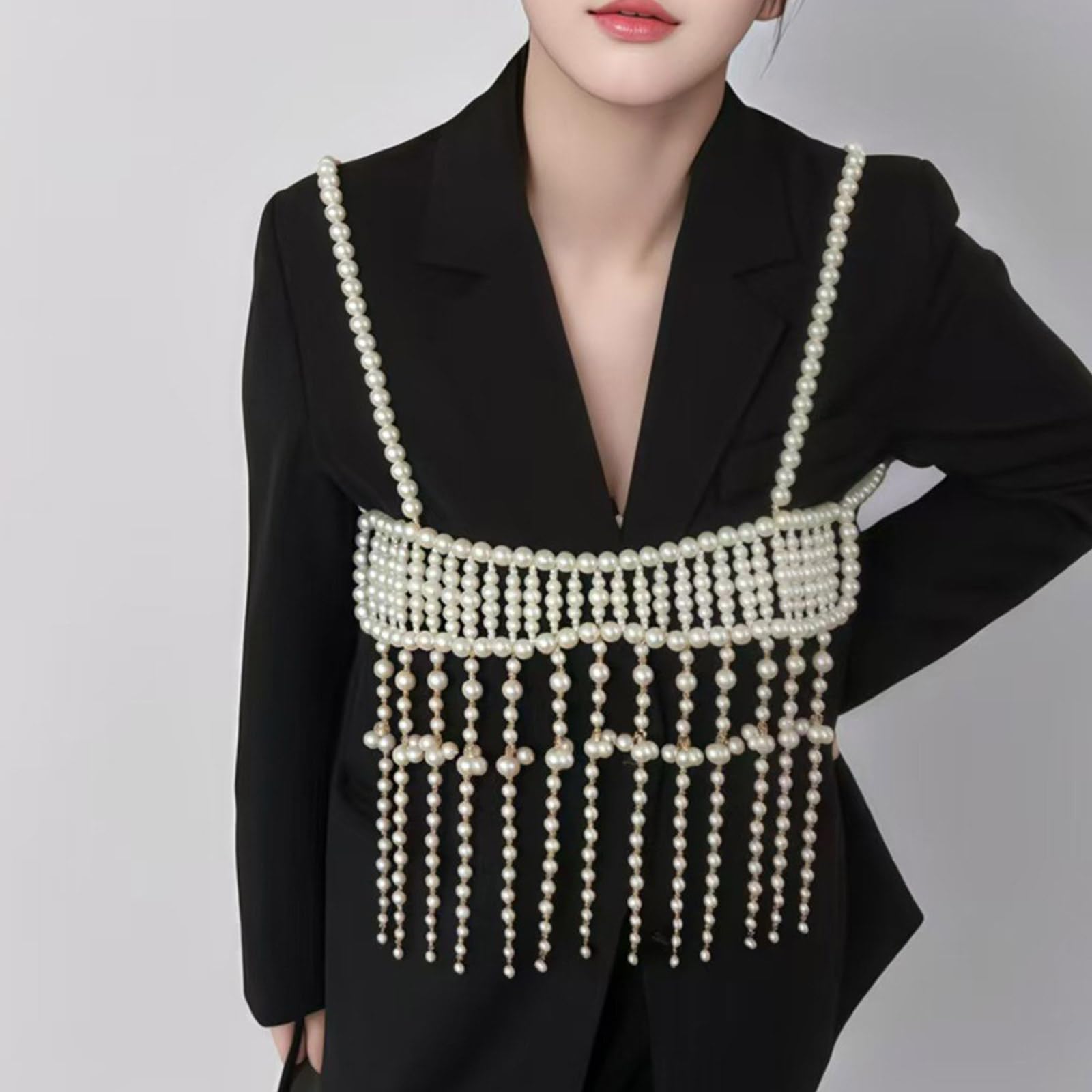 Elegante cadena de pecho de perlas con diamantes de imitación en capas de cristal, joyería para mujeres para fiestas y festivales