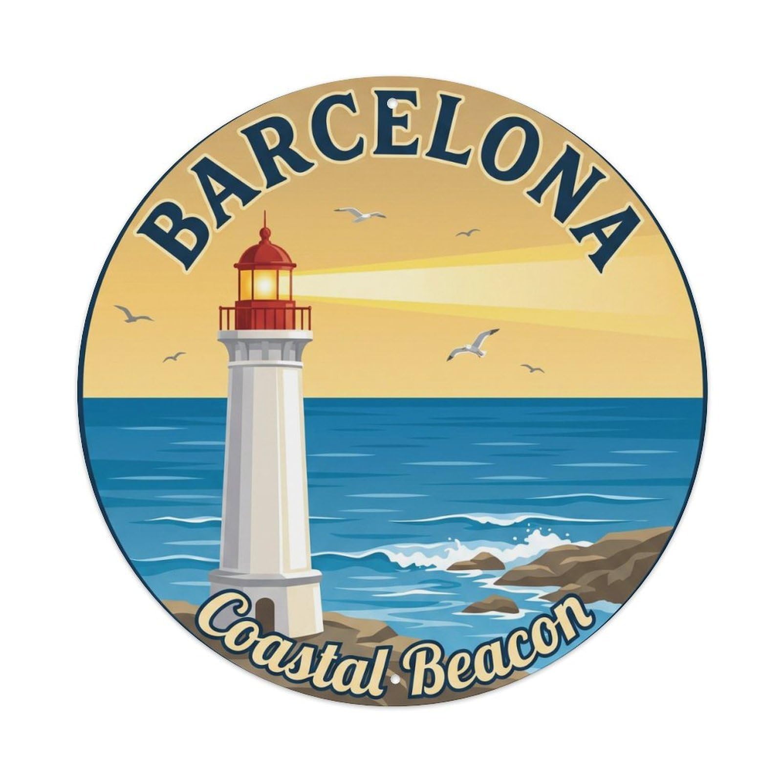 Vintage Travel Barcelona Lighthouse Mediterranean Journey Metal Tin Sign Plaque Wall Decor for Cafe, Club, Garden Round Metal Poster 8x8Inch