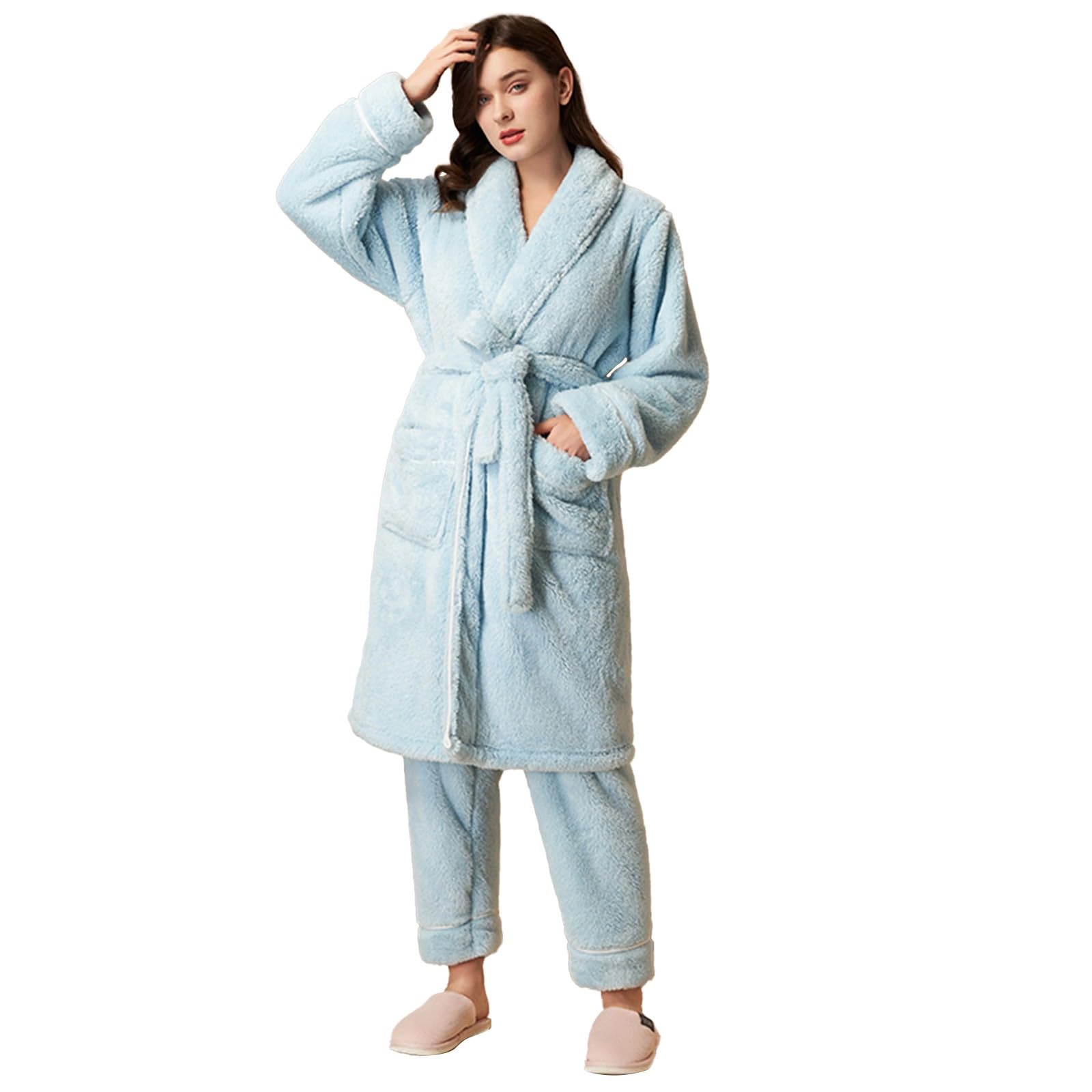 Conjunto de pijama de forro polar para mujer, bata de baño y pantalones sin cierre, conjunto de 2 piezas con bolsillos, cinturón, sherpa, suave, cómodo, ropa de dormir para el hogar