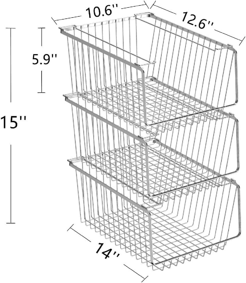 Miniatura 4 de SANNO Cestas apilables de 14 pulgadas de alambre para almacenamiento, organización, granja, cuchara, para despensa, cocina, armarios, baño,