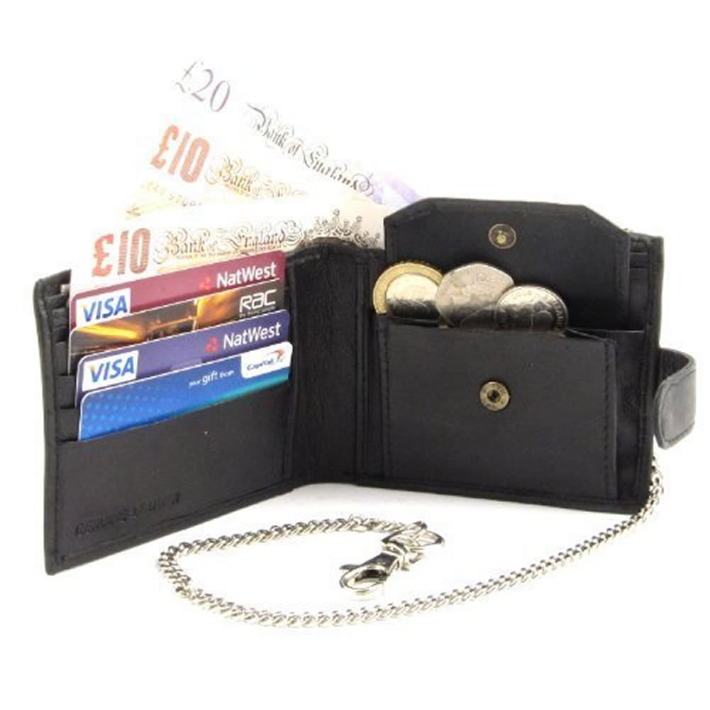 Men's Leather Coin Note And Card Wallet With Safety Chain Medium Black