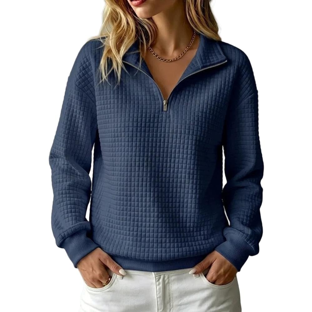 YMFF - Sudadera de punto gofre con media cremallera para mujer, cuello alto, manga larga, gruesa, casual
