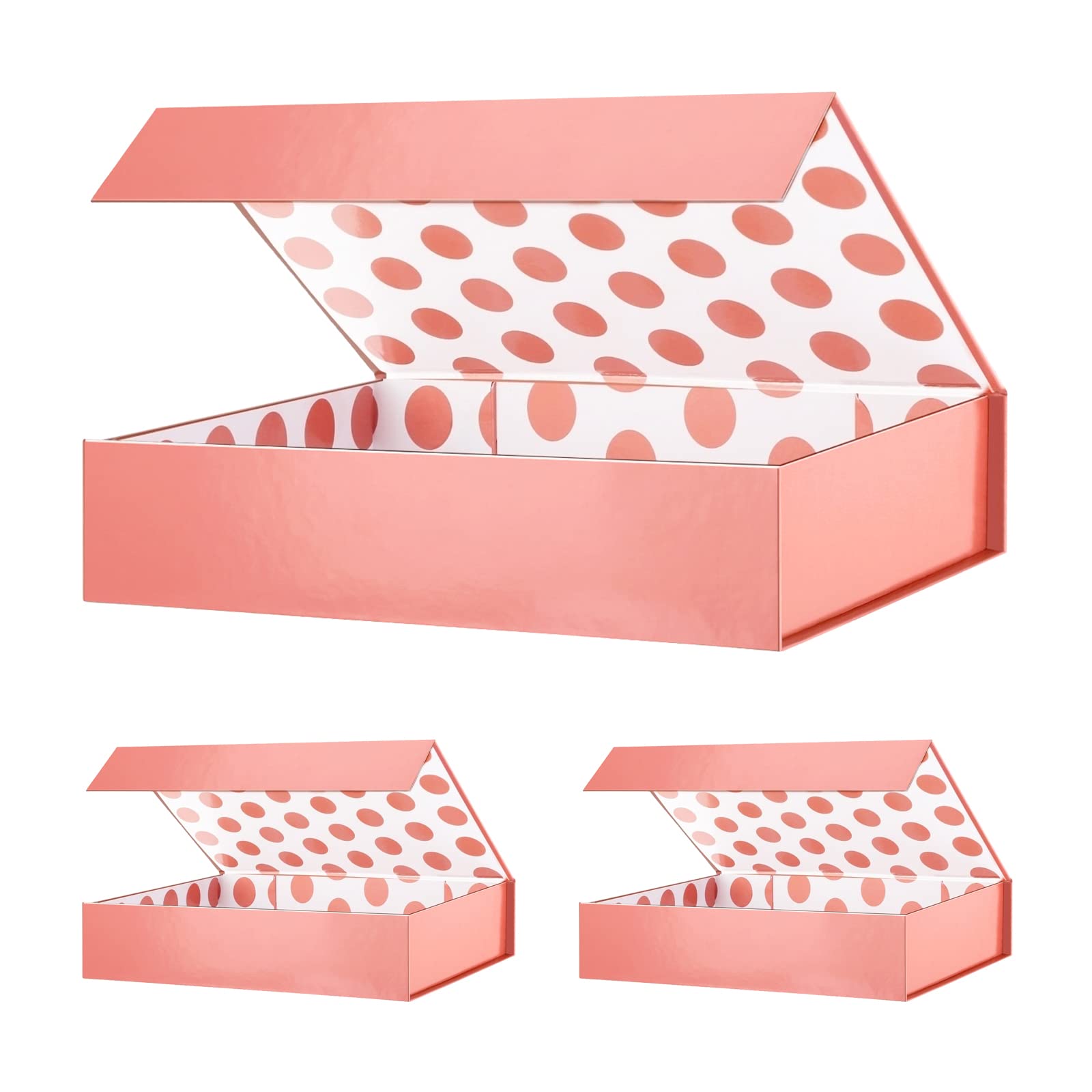 Photo 1 of Green Bean 3 Gift Boxes 11x7.8x2.3 Inches, Rose Gold Gift Boxes with Lids, Shirt Gift Boxes, Magnetic Gift Boxes for Gift Packaging (Glossy Metallic Rose Gold, Dot Design Inside)