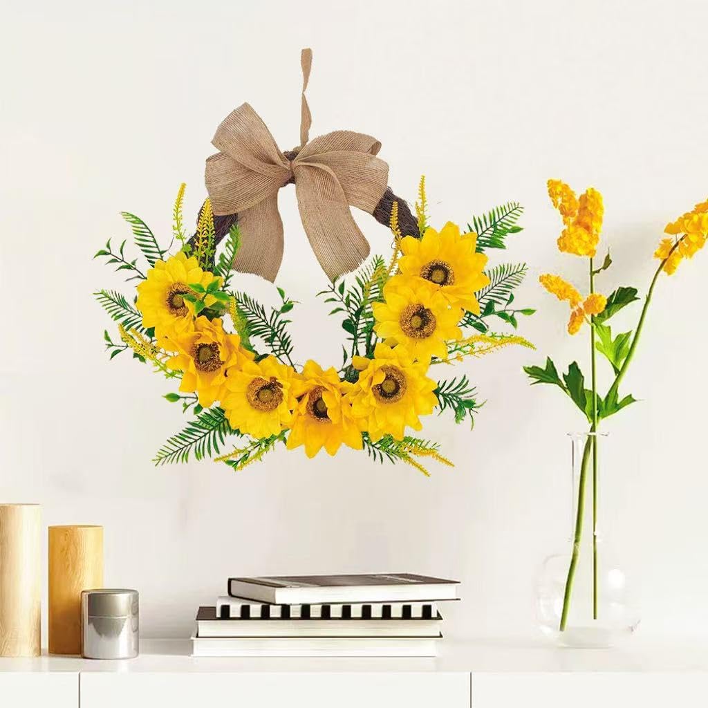 18 Inch Sunflower Wreath for Front Door, Artificial Spring Wreath with Bright Sunflowers and Bow for All Seasons Indoor Outdoor Wall Window Office Farmhouse Entryway Decor
