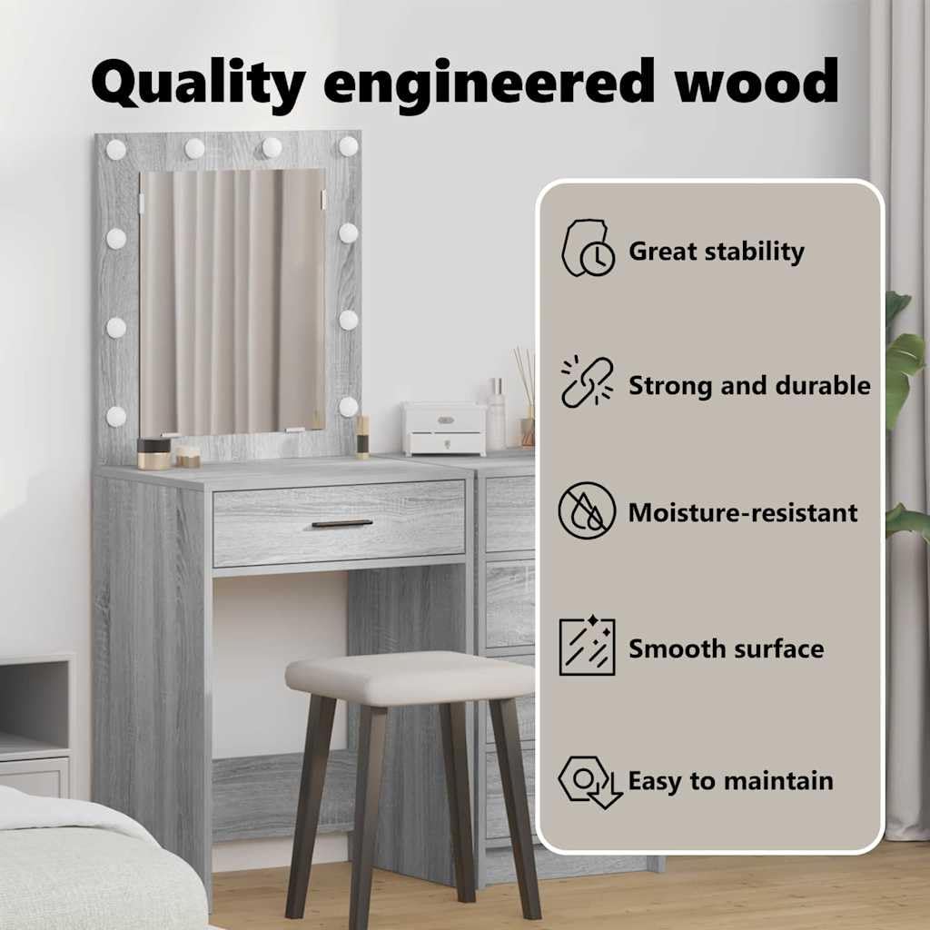 vidaXL Schminktisch Graues Sonoma 50 x 41 x 135 cm Holzwerkstoff | Hat Hollywood-Spiegellichter für dein Make-up, Die Schublade schließt schön und leise, Modernes Aussehen,