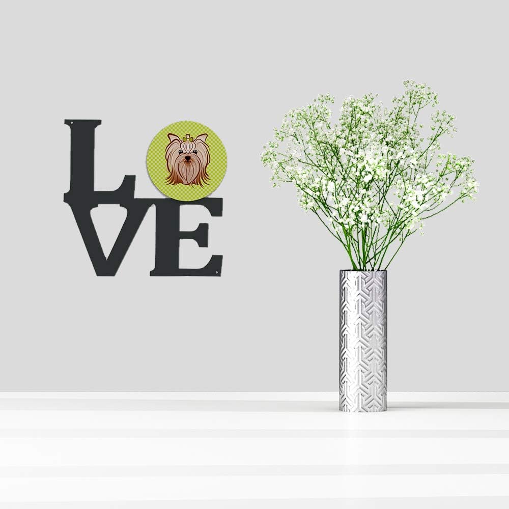 Caroline's Treasures BB1266WALV Checkerboard Lime Green Yorkie Yorkishire Terrier Metal Wall Artwork Love Indoor Outdoor Art Decor Patio, Bathroom, Kitchen Colorful Aluminum and Black Steel Sculpture