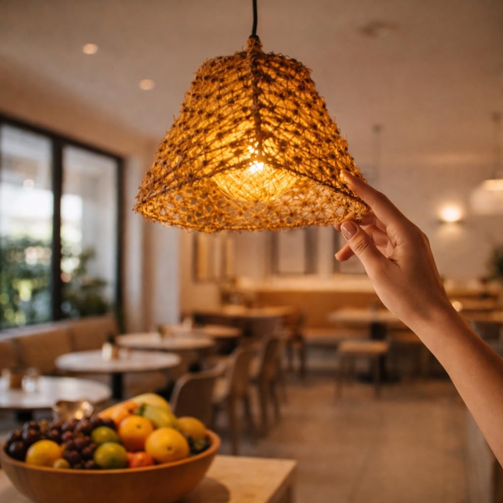 HDC Boho Rustic Handwoven Cane Pendant Light | Natural Rattan Hanging Ceiling Lamp for Living Room, Cafe & Restaurant | Eco-Friendly Bamboo Wicker Chandelier for Dining Table & Balcony