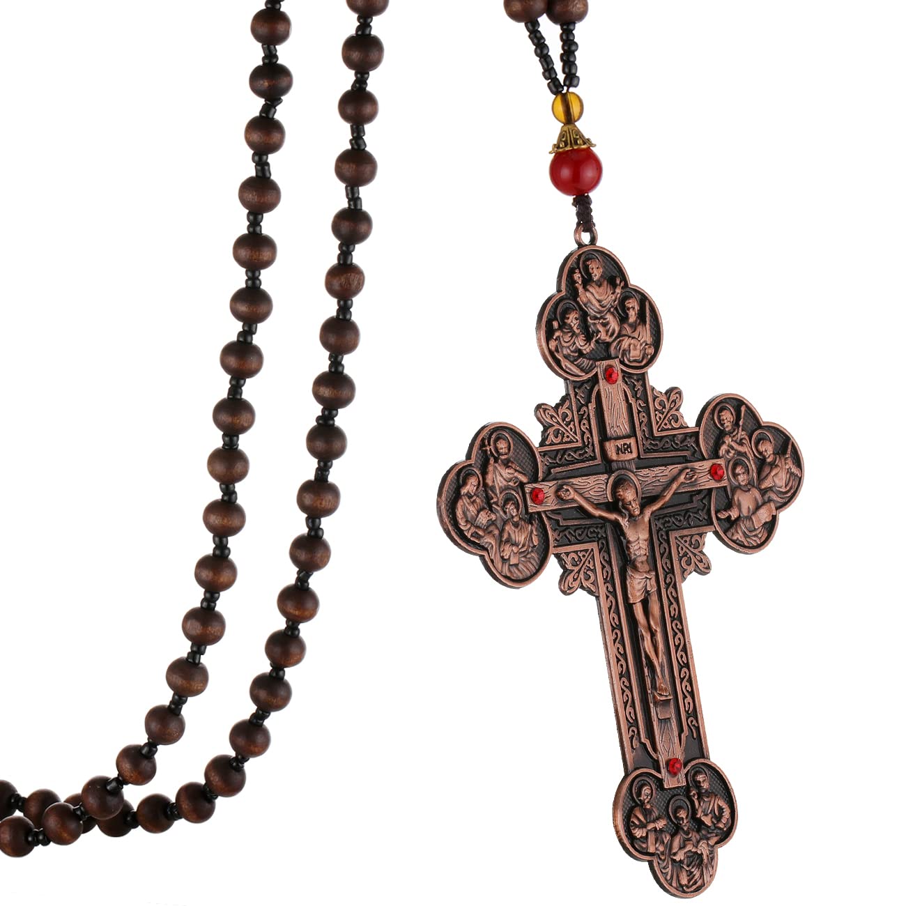 COTTVOTTCOTTVOTT Large Twelve Apostles Holy Trinity Cross Pendant Necklace Men Wood Rosary Beads Jesus Crucifix Necklace