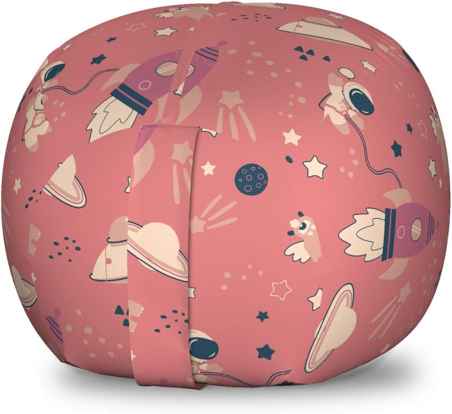Lunarable Outer Space Storage Toy Bag Chair, Rocket Star Planet Astronaut and Funny Monster in Cartoon Style, Stuffed Animal Organizer Washable Bag, Small Size, Coral Peach Dark Blue