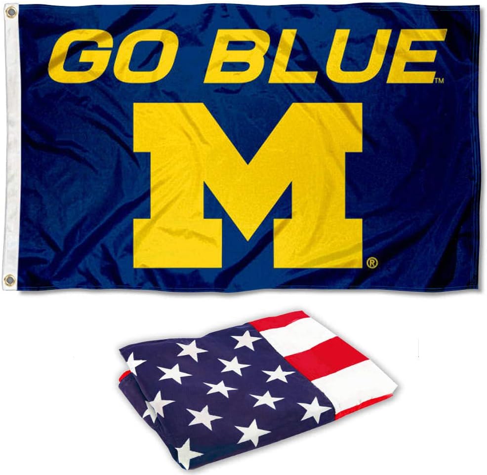 College Flags & Banners Co. Michigan Wolverines Go Blue and USA Flag 3x5 Set