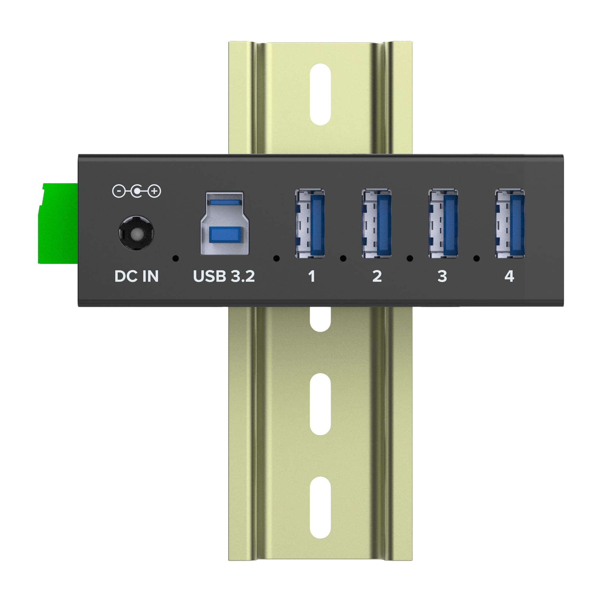 Inline Hub industriale USB 3.2 Gen.1 con 4 porte, alloggiamento in alluminio, montaggio su guida DIN, hub USB attivo con alimentatore, 5 Gb/s, 35396A