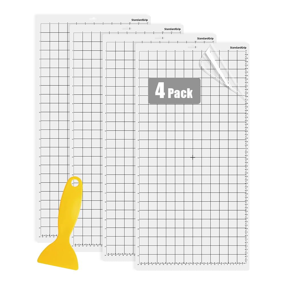 Cowhilan 4 Pack 12x24 Inch Cutting Mat for Silhouette Cameo 5/4/3/2/1, StandardGrip Adhesive Sticky Long-Lasting Durable Non-Slip Replacement Cutting Mat with Vinyl Scraper, PVC Material