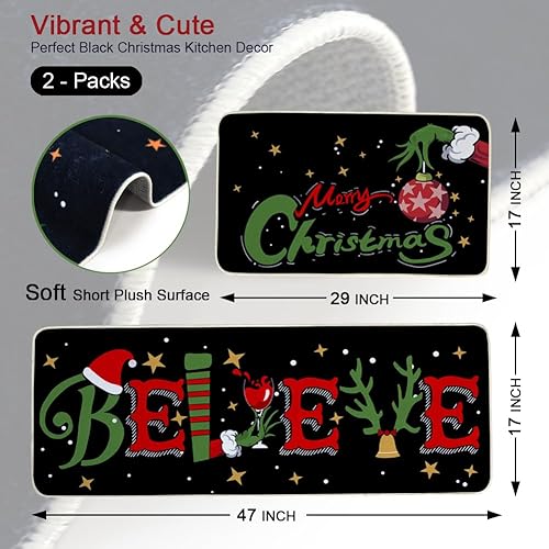 Miniatura 2 de Juego de 2 alfombras y tapetes negros de cocina con texto en inglés "Merry Christmas" para interiores, decoración de cocina con letrero de creer en