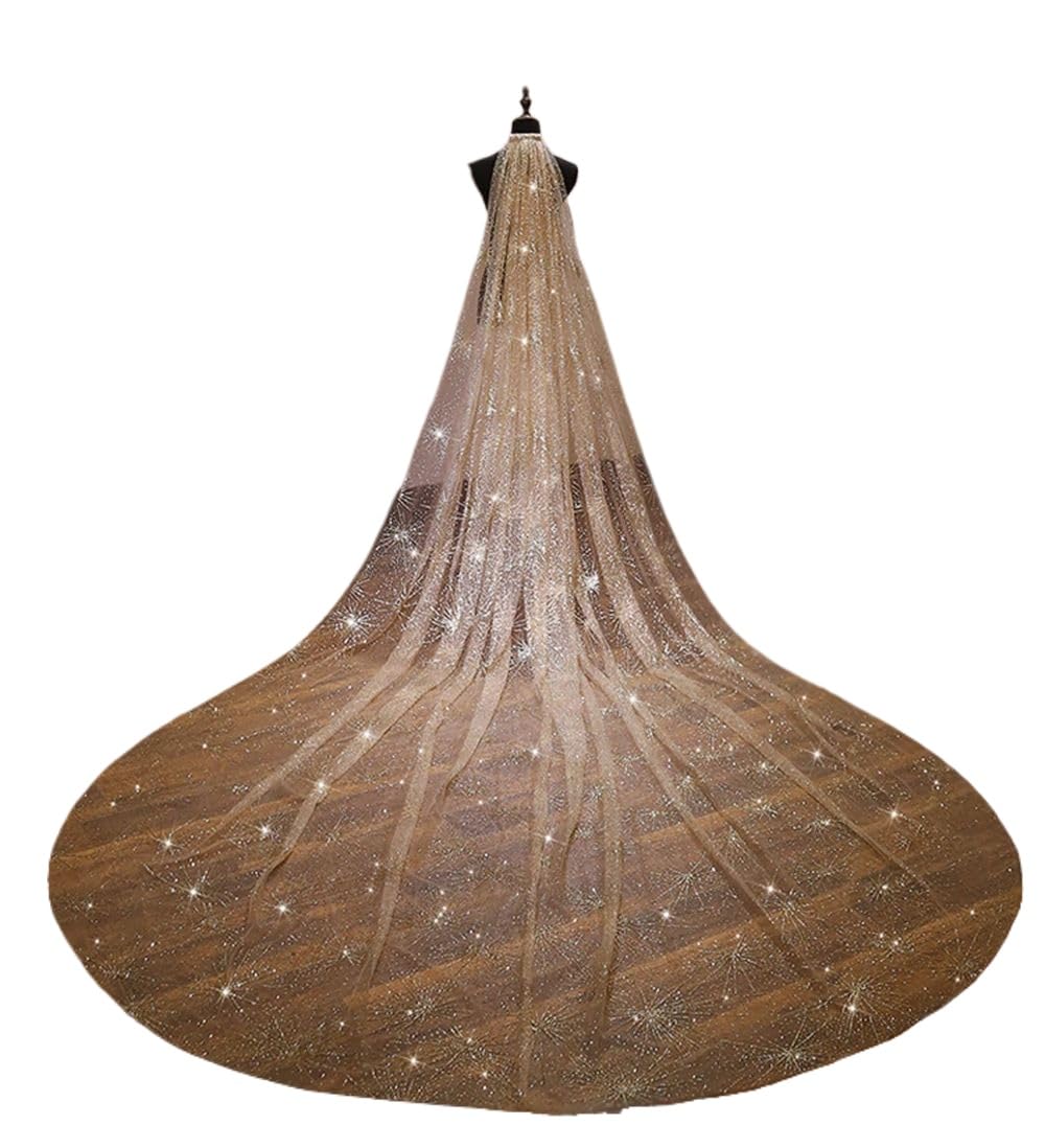 ROMDANTY Sparkly Long Bridal Veil, Glittering White Champagne Gold Cathedral Wedding Veil with Comb, Sequin Embellished, Ideal for Bridal Showers and Weddings