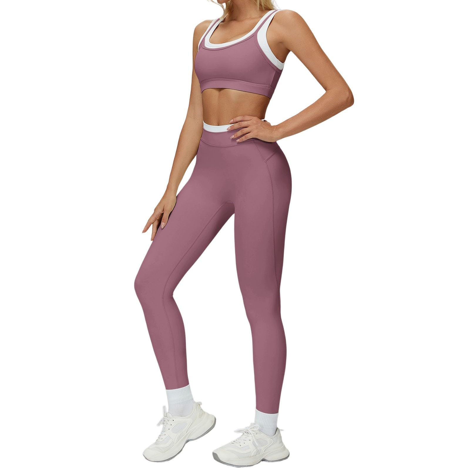 Generisch Tuta sportiva da donna a vita alta, elasticizzata, 2 pezzi, leggings da yoga, a compressione, senza cuciture, traspirante, per fitness, con leggings e reggiseno sportivo