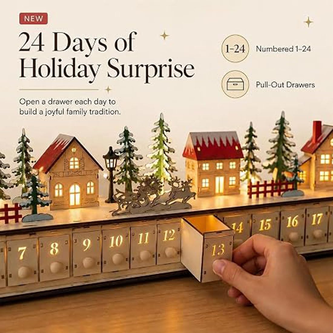 Calendario de Adviento de Madera con Iluminación LED, 24 Cajones (A) | Rueda de Adviento de Madera con Cuenta Regresiva de 24 Días para Decoración Navideña
