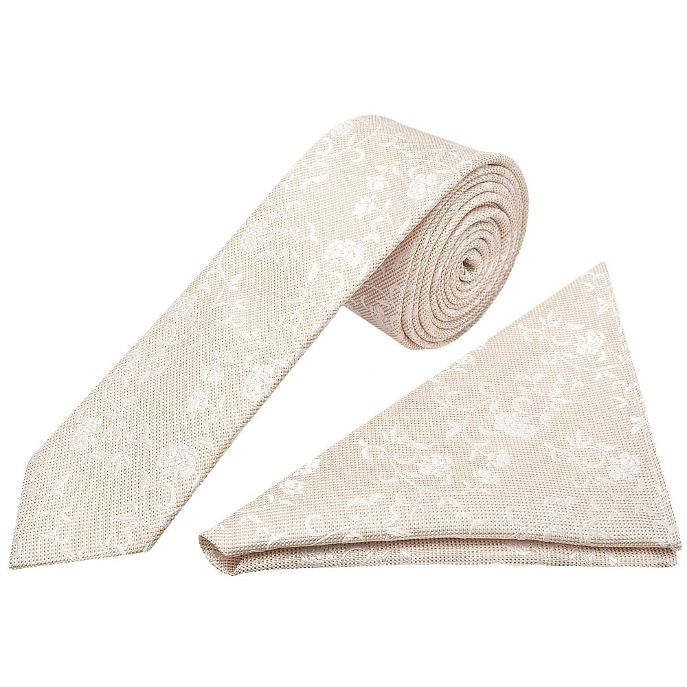 TIES R US Champagne Floral Skinny Men's Tie and Pocket Square Set