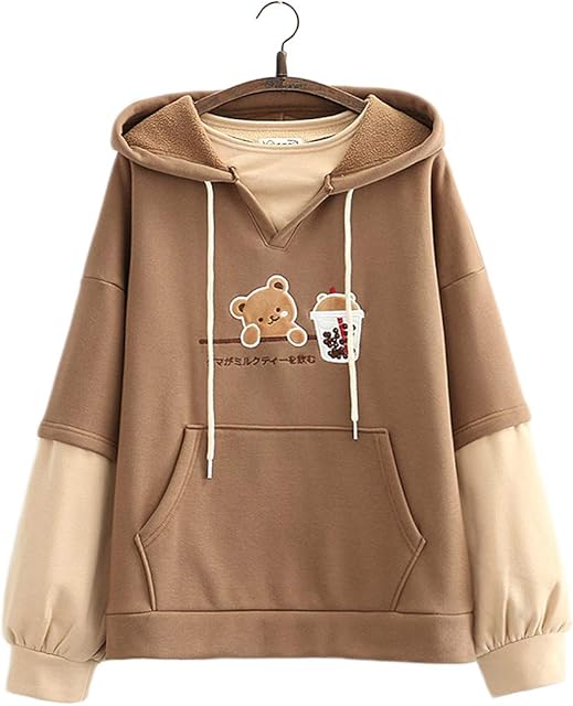 Kawaii Hoodie Sweatshirt Teen Girls Cute Bear Milk Tea Patch Embroidery Pullover Hooded Tops Fake Two-piece Plus Velvet Loose Hoodies