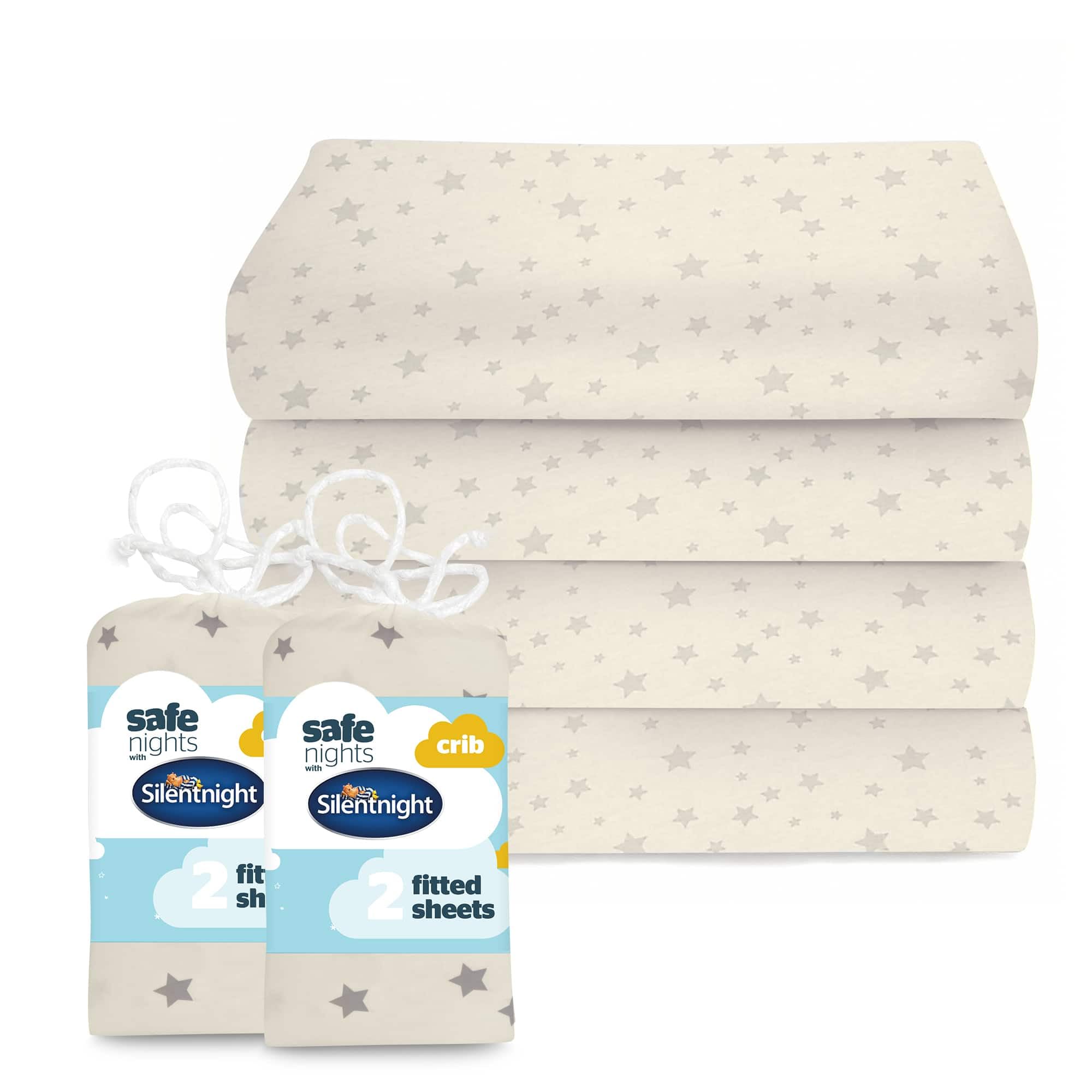 Silentnight Safe Nights Fitted Sheet - Crib Mattress - Breathable 100% Cotton Jersey – Super Soft Kind to Baby Skin - 90x40cm - Secure Fit with Elasticated Corners - 4 Pack, Grey Star