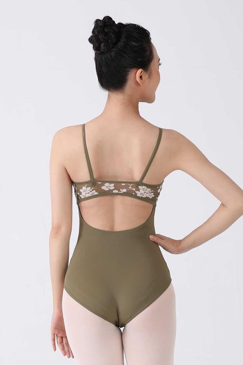 Dance Elite Ginevra Women Floral Print Ruched Open Back Ballet Leotard | Floral print spliced front, ruched V neckline, thin straps, open back design, soft stretch fabric, ballet yoga training