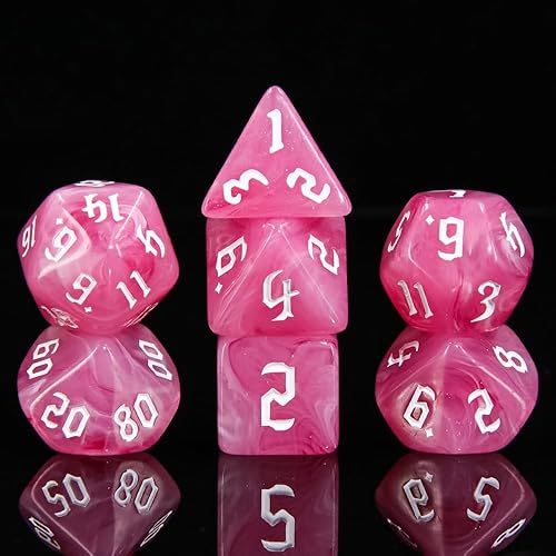 Miniatura 6 de Juego de 7 dados poliédricos DND, juego de dados D&D rellenos de remolinos rosados y blancos para juegos de rol como juegos de mesa DND RPG MTG