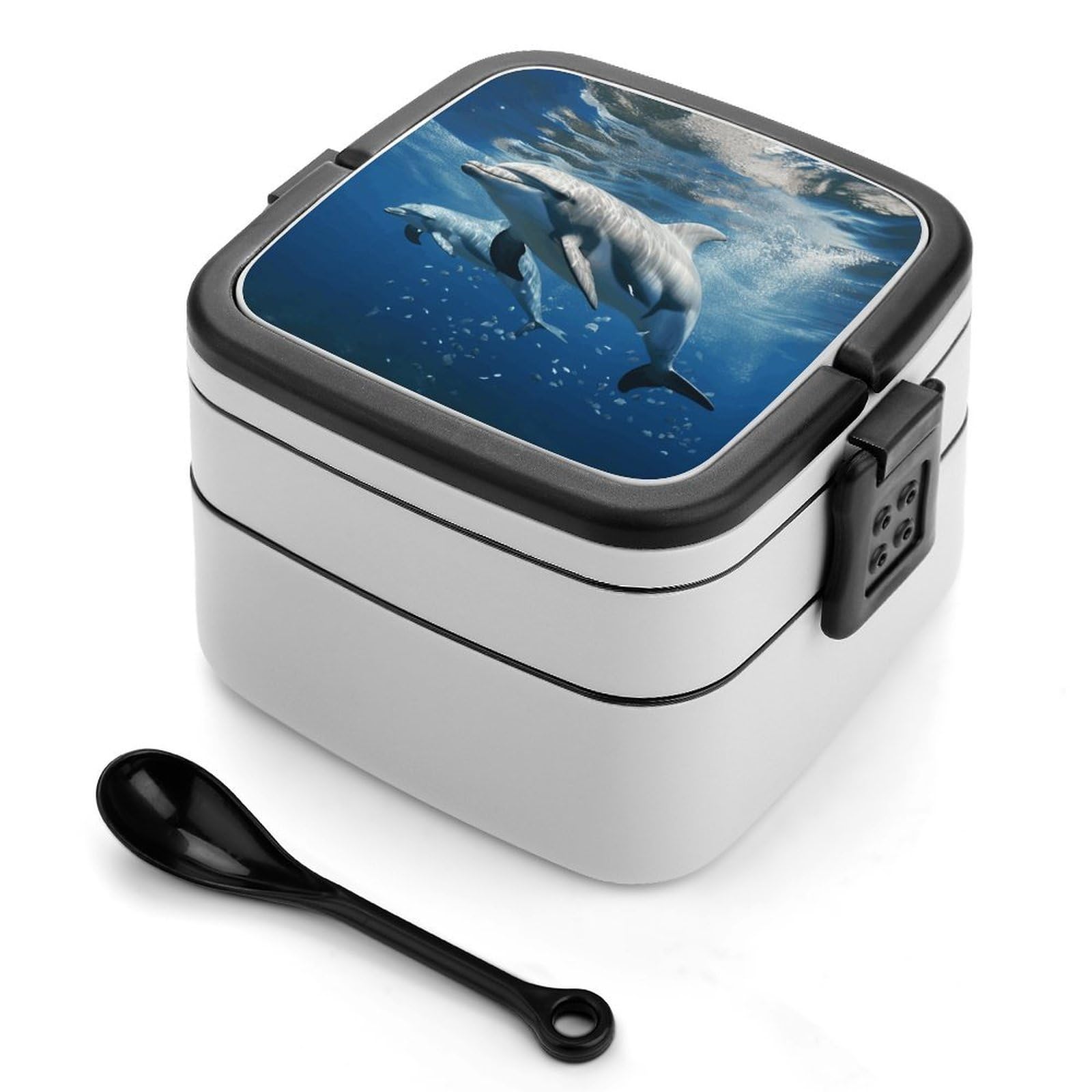 VstaDank Cute Dolphins Bento Box Portable Adult Lunch Box with 2 Layer&Spoon Reusable Insulated Lunchbox Large Food Containers Leak Proof Lunch Containers for Work Camping Meal Prep