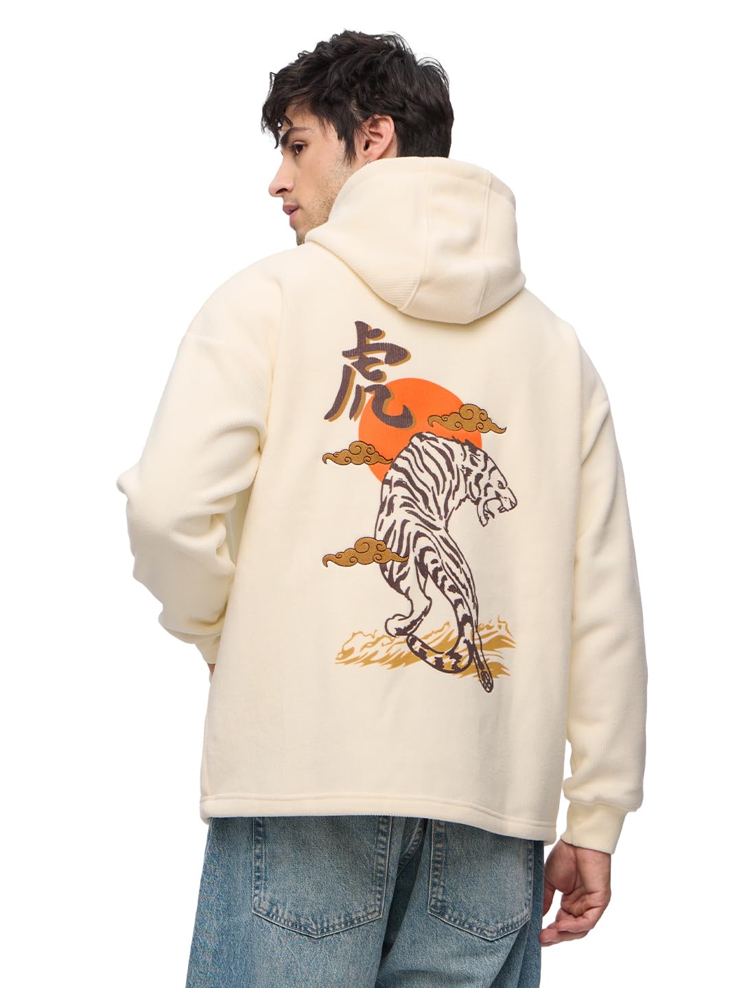 The Souled Store Sudadera con capucha de pana: Samurai Tiger para hombres y niños, manga larga, cuello con capucha, color blanco roto, estampado gráfico, poliéster, sudaderas de gran tamaño
