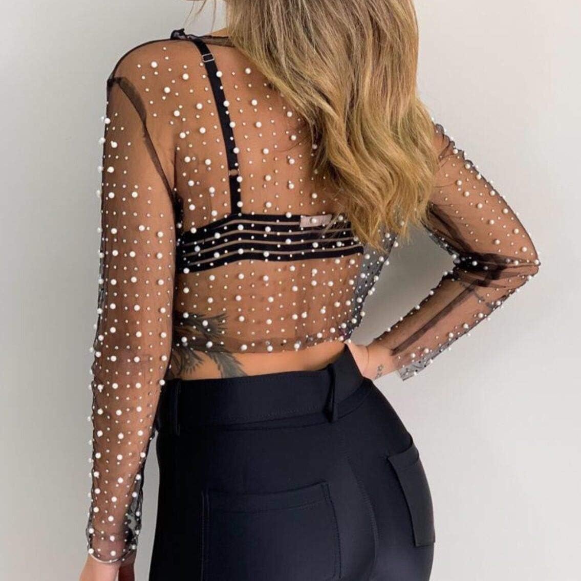 WILLSIN Women Pearl Rhinestone Sheer Mesh Crop Top Sexy See Through Long Sleeve Slim Fit Cropped Blouse Shirt Glitter Tops - Image 3