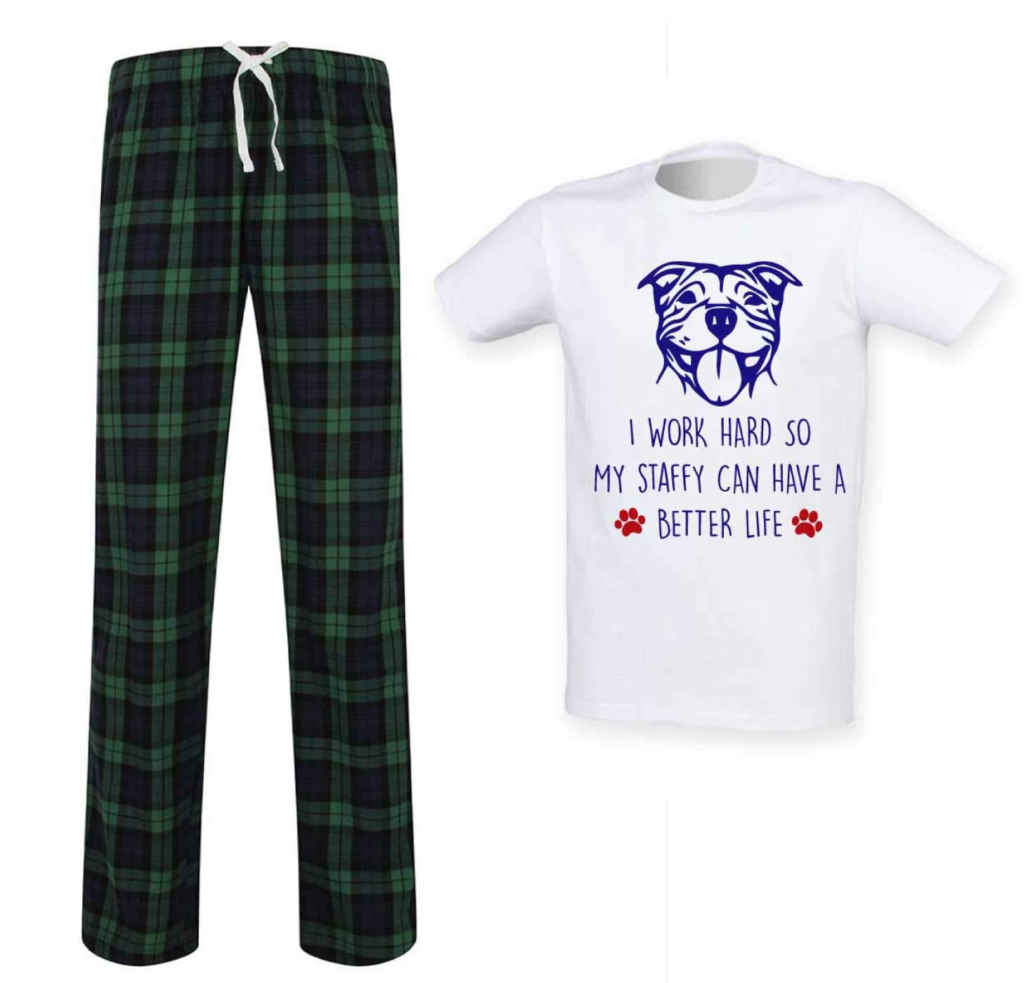 60 Second Makeover Men's Green Limited I Work Hard So My Staffy Can Have A Better Life Tartan Pyjama Set Staffordshire