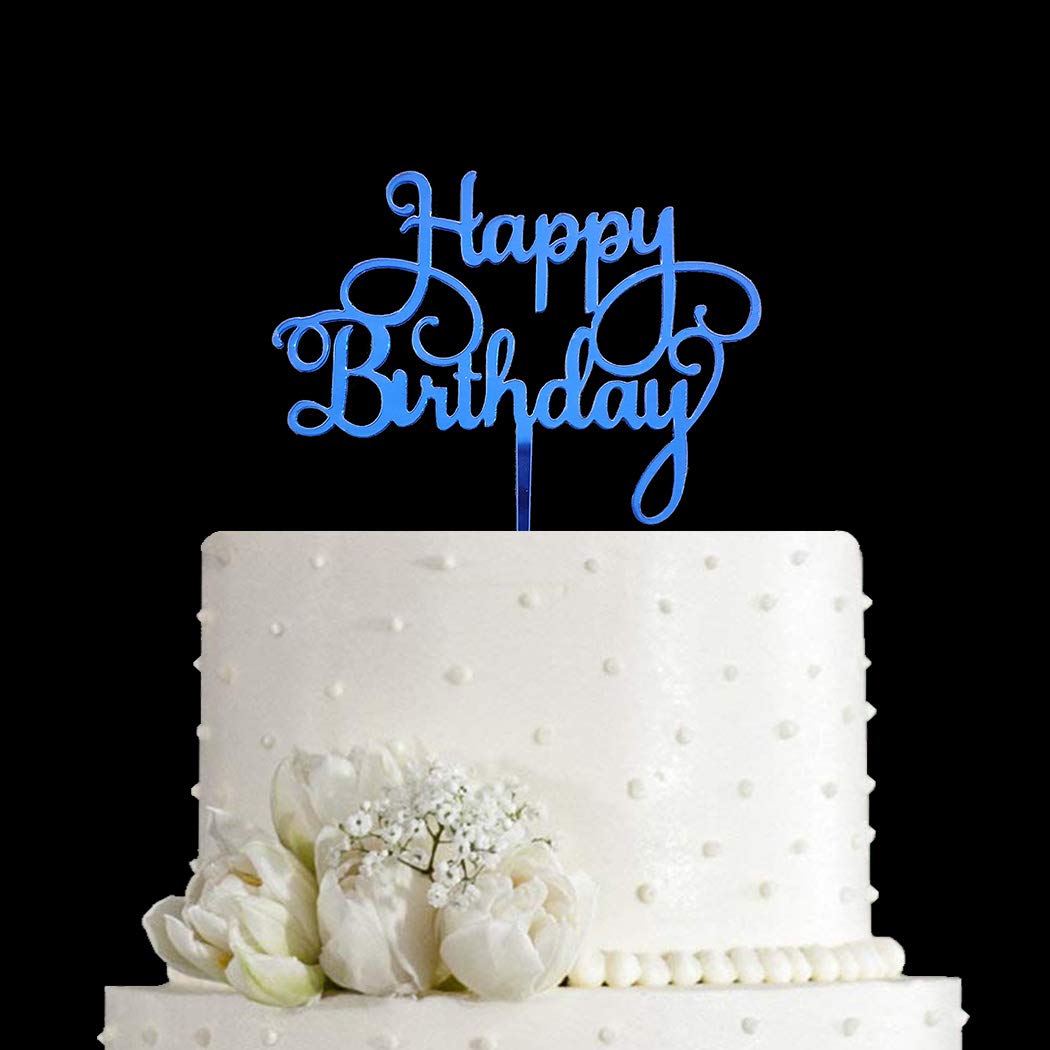 Happy Birthday Cake Topper for Birthday Party Decorations - Mirror Blue Acrylic
