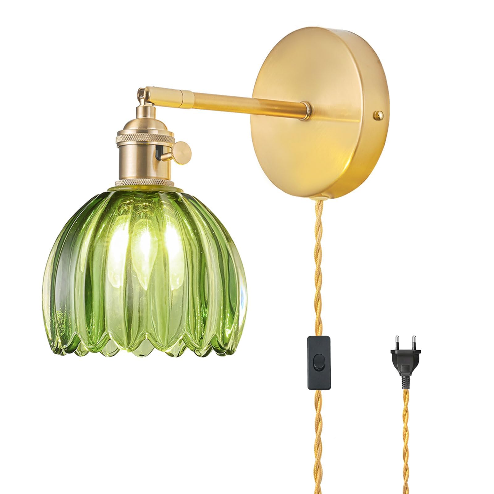 Aplique Pared con Enchufe Vintage con Abajur de Vidrio Verde Tulipán, Ajustable a 180°, con Interruptor y Cable, Aplique Pared Dorado, Adecuada para Dormitorio, Bombilla no Incluida