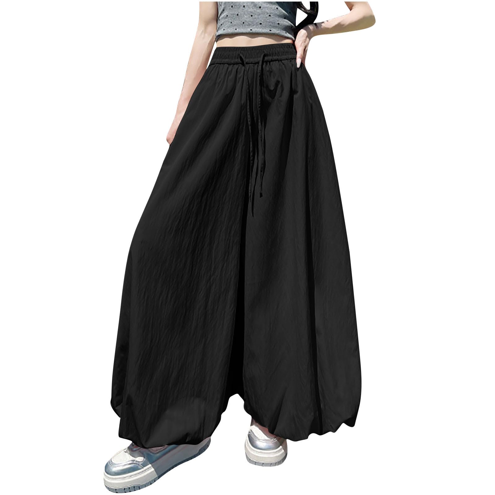 Palazzo Pants for Women Drawstring Elastic Waist Pant Casual Flowy Boho Y2k Trouser 2025 Summer Trendy Outfits(Black,X-Large)