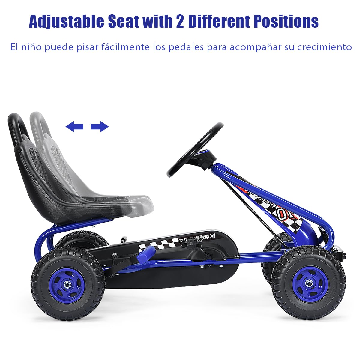 SOARS Kart Pedales para Niños de +3 Años, Kart con Asientos Regulable en 2 Posiciones y 4 Ruedas Antideslizantes, Marcha Adelante y Atrás, Kart con Freno de Mano, Carga Máxima 30kg (Azul)