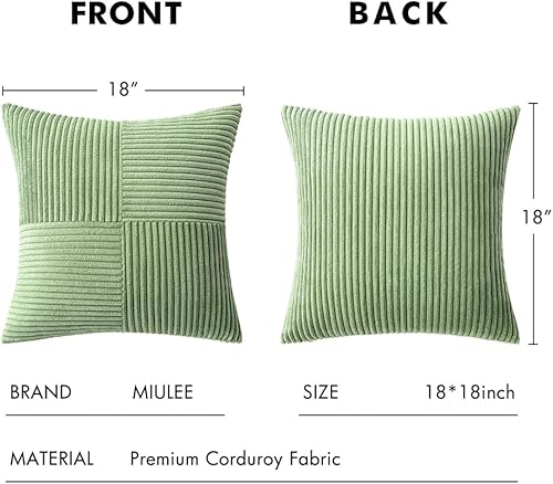Miniatura 6 de MIULEE Juego de 2 fundas de almohada de pana verde salvia, fundas de almohada bohemias empalmadas, suaves y sólidas, fundas de cojín con textura de