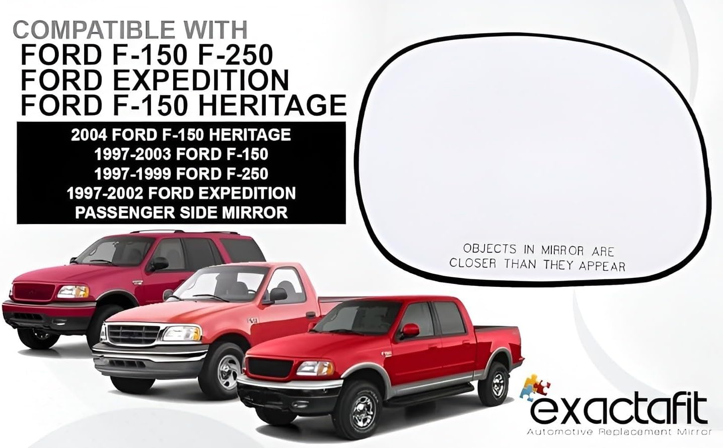 Passenger Side Mirror Glass Assembly Compatible with Ford 1997-2003 F150, 1997-1999 F250, 1997-2002 Expedition Right Hand Non-Heated F85Z17K707AC F65Z17K707AB