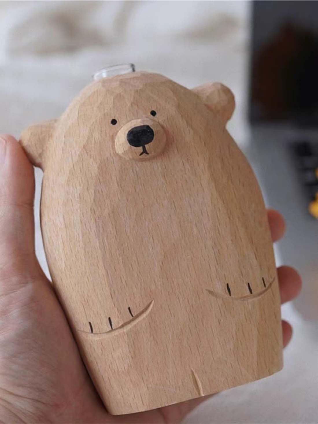 Handmade Wooden Bear Vase, Solid Wood Bear Statue Vase，Modern Shelf Decor Accents，Cute Bear Decoration Vase,Decorative Solid Wood Handmade Vase，Worth Collecting. (Bear)
