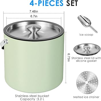 3.2 L Ice Cube Tray with Lid and Scoop Stainless Steel Ice Bucket Mint