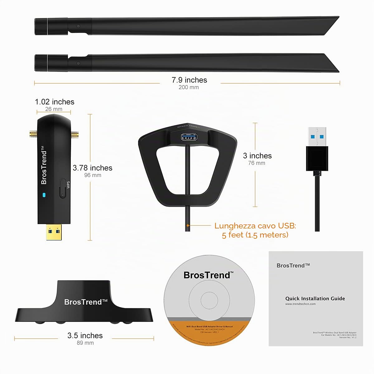 BrosTrend USB Adattatore a Lunga Portata 1200Mbps, Dual Band 5 GHz 867 Mbps 2,4 GHz 300 Mbps, Chiavetta Wireless per PC Desktop e Laptop con Windows 11/10/8.1/8/7, 2 Antenne WiFi 5dBi
