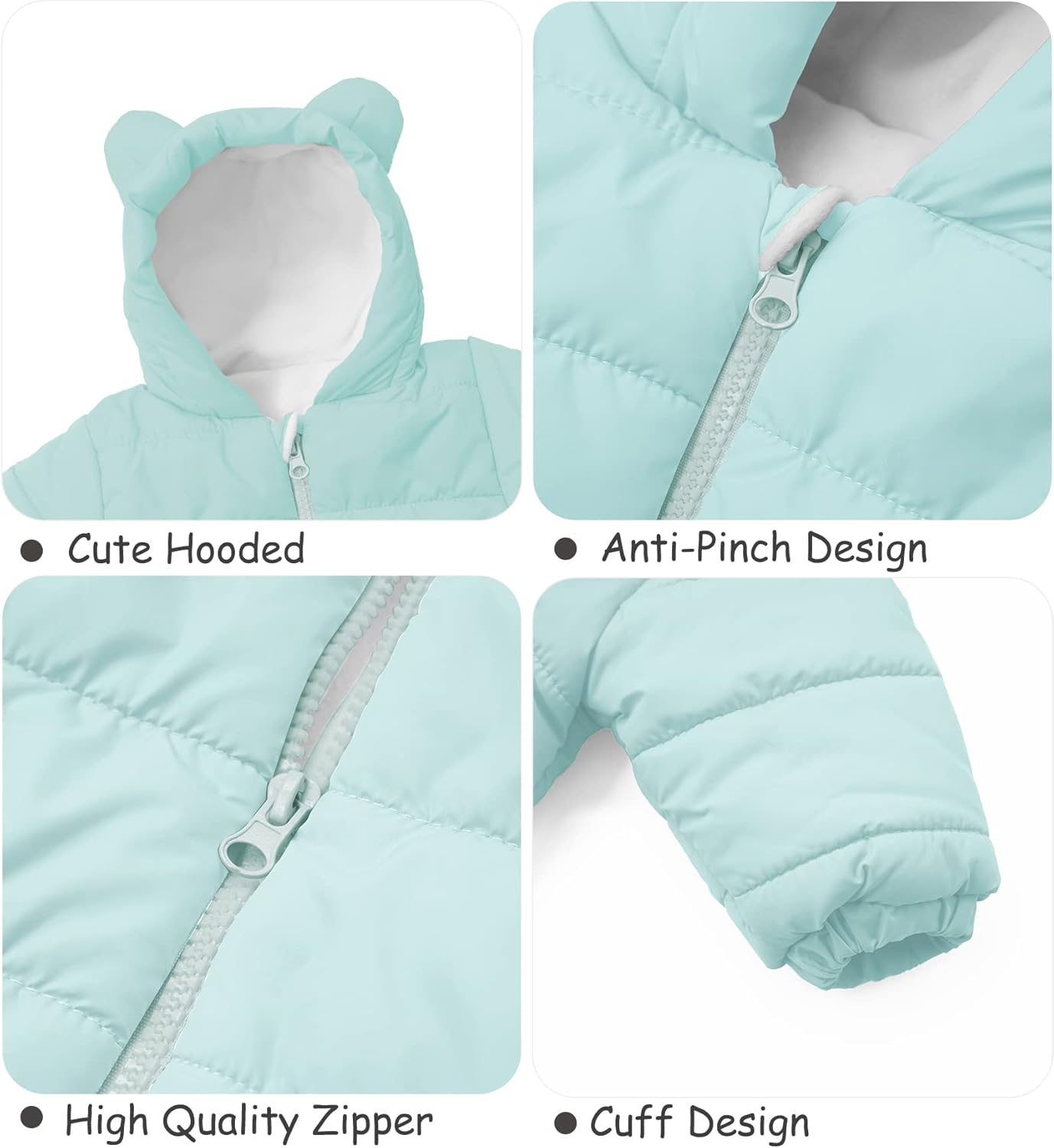 Panegy Baby Boy Girl Snowsuit with Cute Bear Hoodie Zipper Thick Onesie Romper Winter Jumpsuit Light Green 3-6 Months