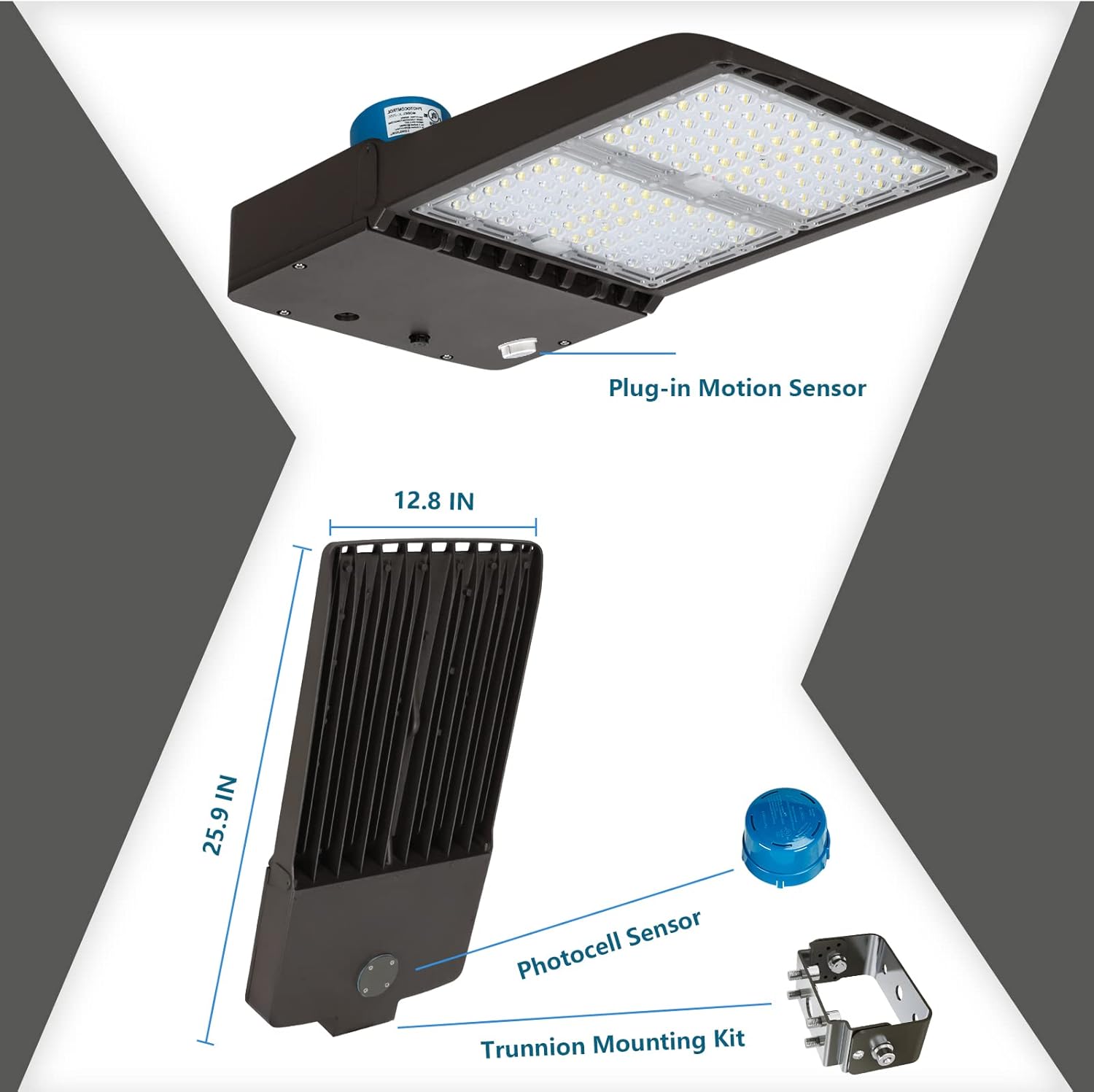 300W LED Parking Lot Light with Photocell & Trunnion Mount & Motion Sensor 42000Lum 5000K, 0-10V Dimming Outdoor LED Area Shoebox Lighting, AC100-277V / IP65 / DLC &UL-Listed(1 Pack)
