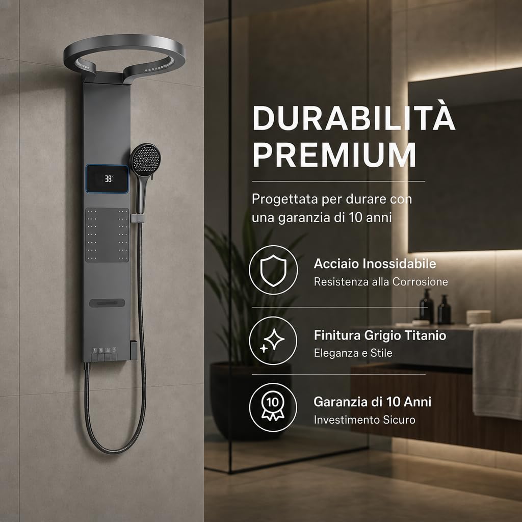 INEX EUROPA Pannello doccia termostatico di lusso grigio titanio - Colonna doccia idromassaggio con 10 anni di garanzia e 4 modalità di funzionamento - Torre doccia alta 105 cm, collezione Daytona