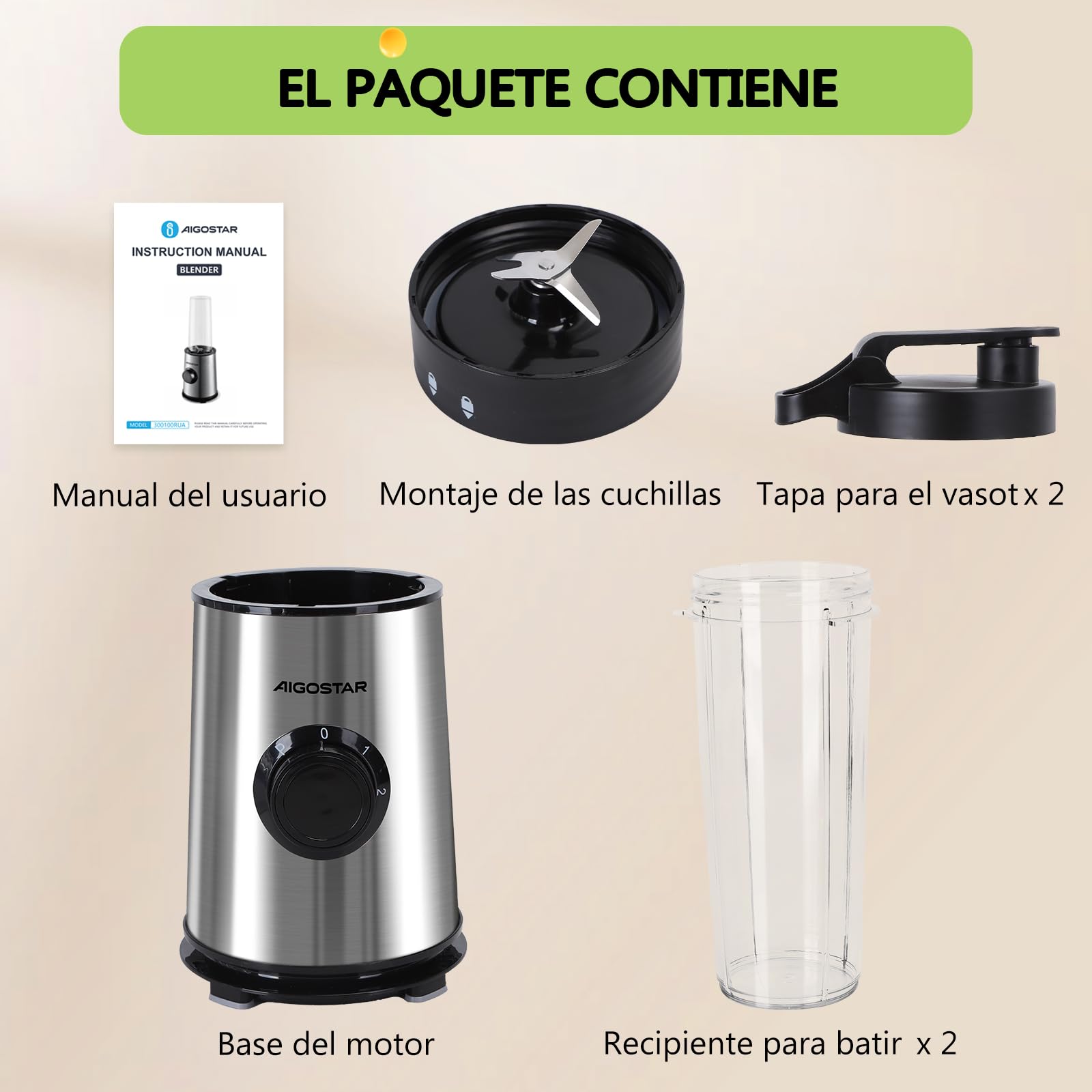 Aigostar Batidora de vaso con dos vasos portátiles de 800ml, 600W potencia. Batidora con vasos de Tritán, libres de BPA, con diseño de acero inoxidable. Perfecta para zumos, batidos y smoothies.